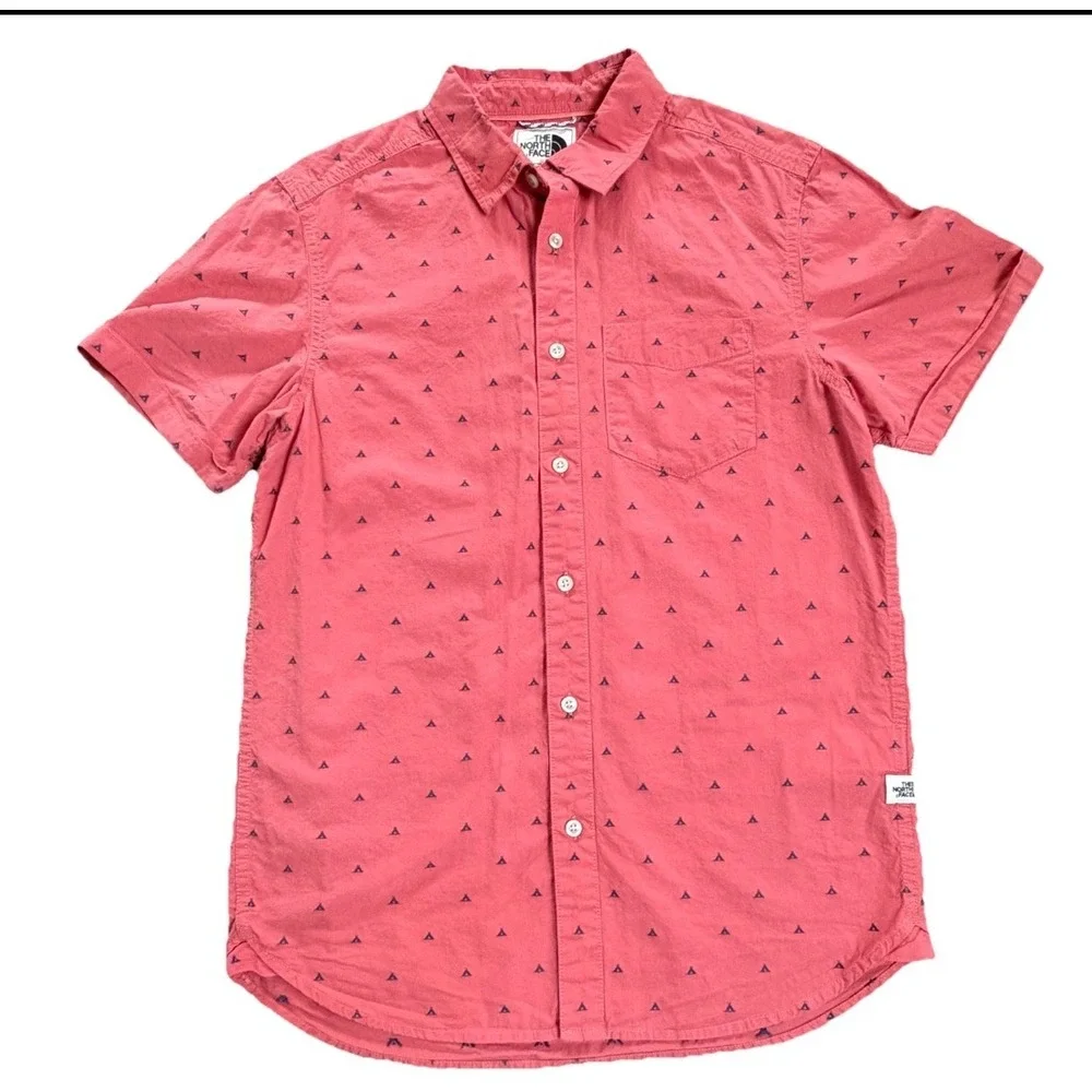 The North Face Mens Short Sleeve Button Up Shirt Coral Tent Print Size Small